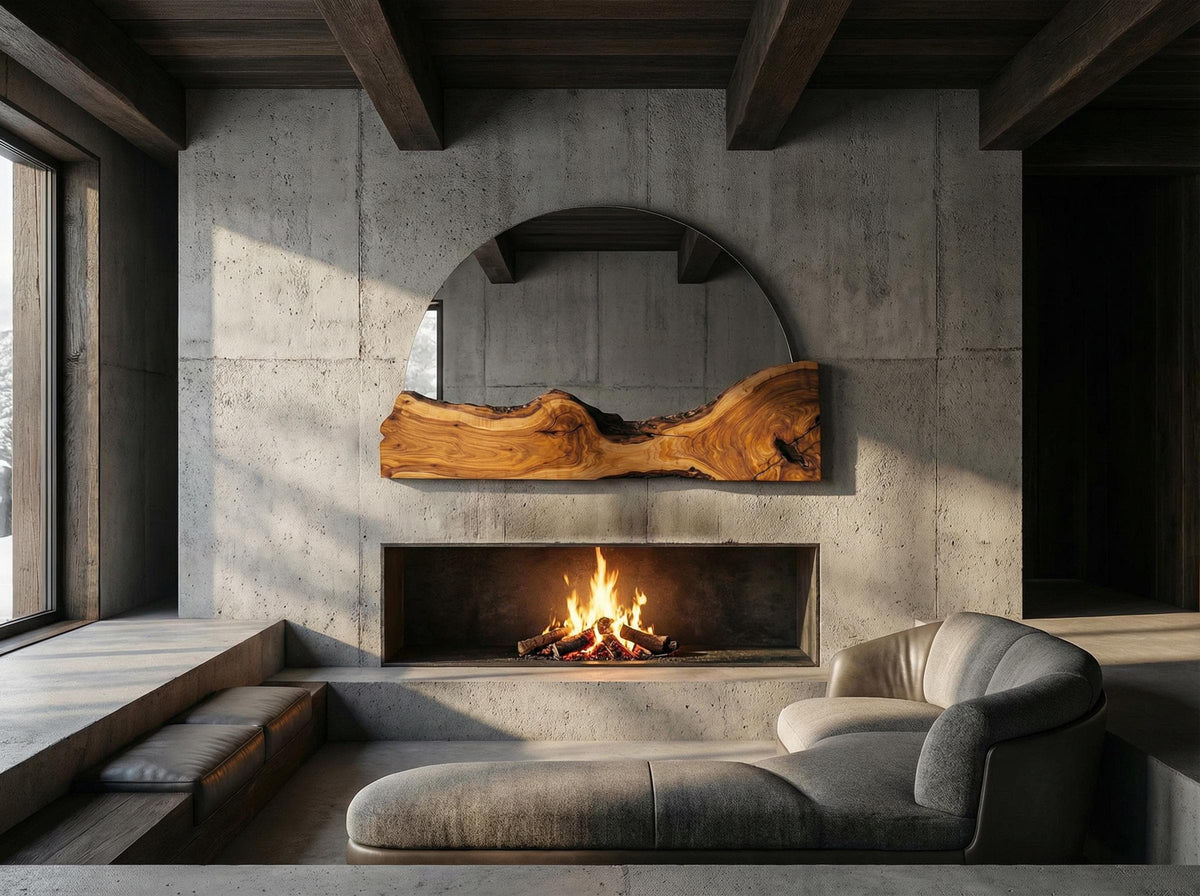 Live Edge Wall Half Round Fireplace Mirror, Olive Wood Rustic Handmade Frame, Natural Finish