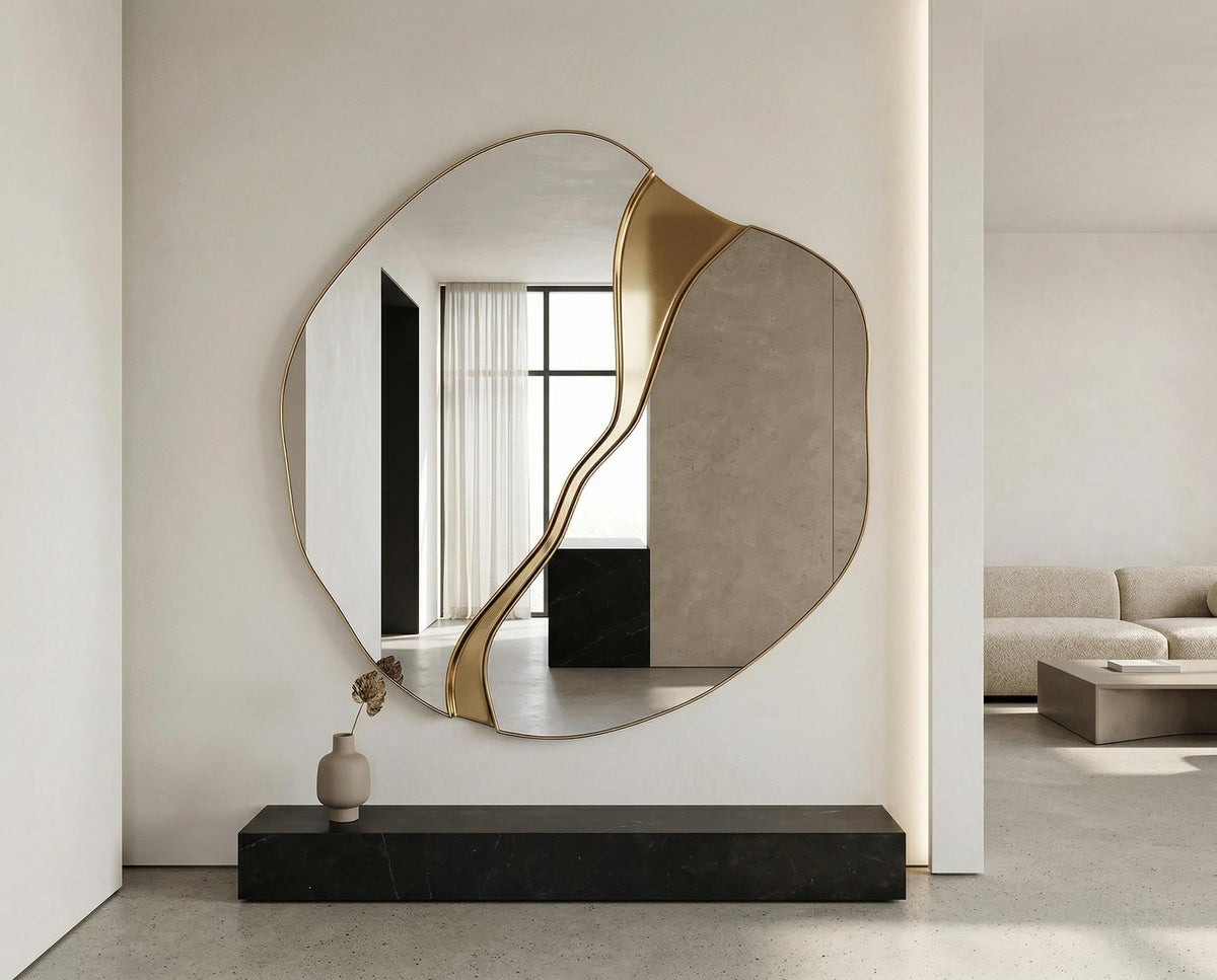 Split Wave Organic Wall Mirror — Gold Decor Accent