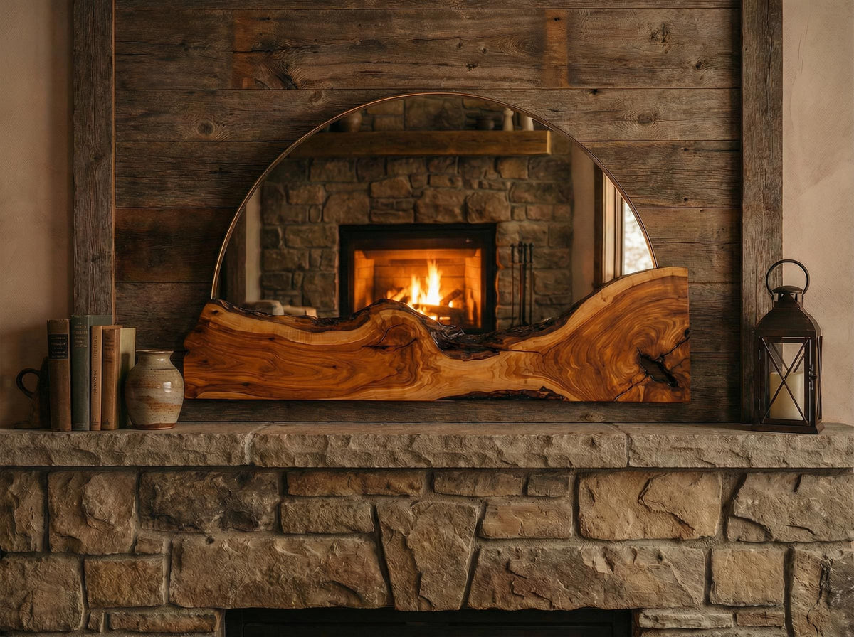 Live Edge Wall Half Round Fireplace Mirror, Olive Wood Rustic Handmade Frame, Natural Finish
