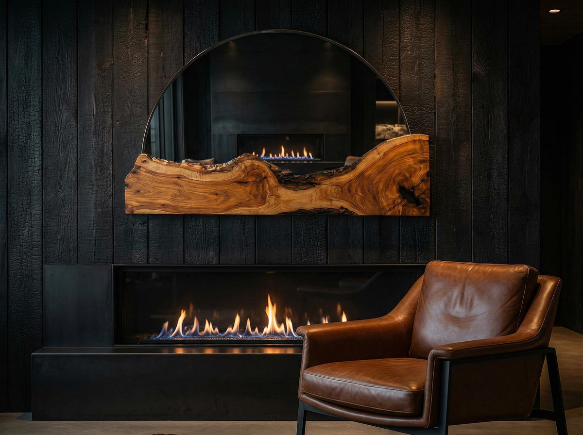 Live Edge Wall Half Round Fireplace Mirror, Olive Wood Rustic Handmade Frame, Natural Finish
