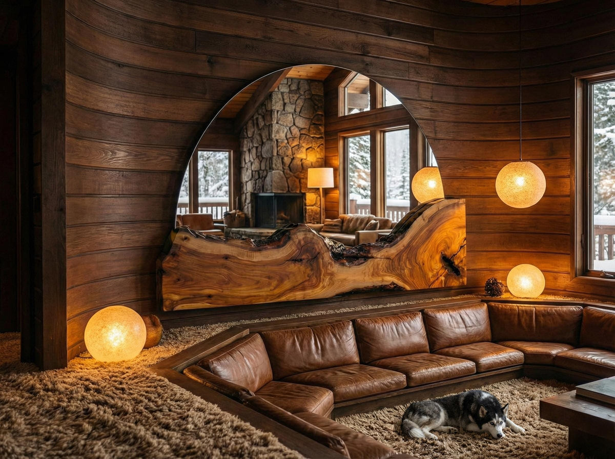 Live Edge Wall Half Round Fireplace Mirror, Olive Wood Rustic Handmade Frame, Natural Finish