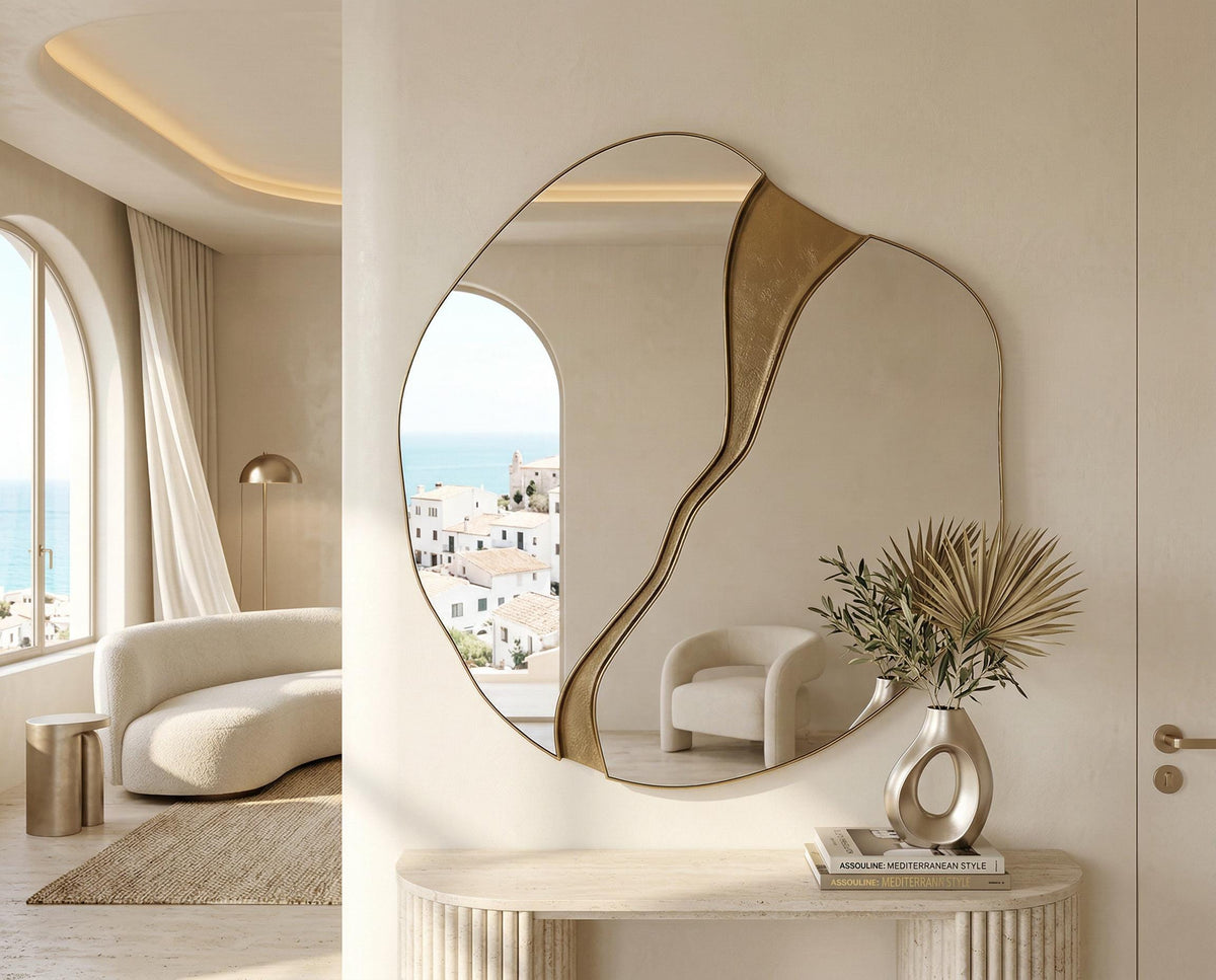 Split Wave Organic Wall Mirror — Gold Decor Accent