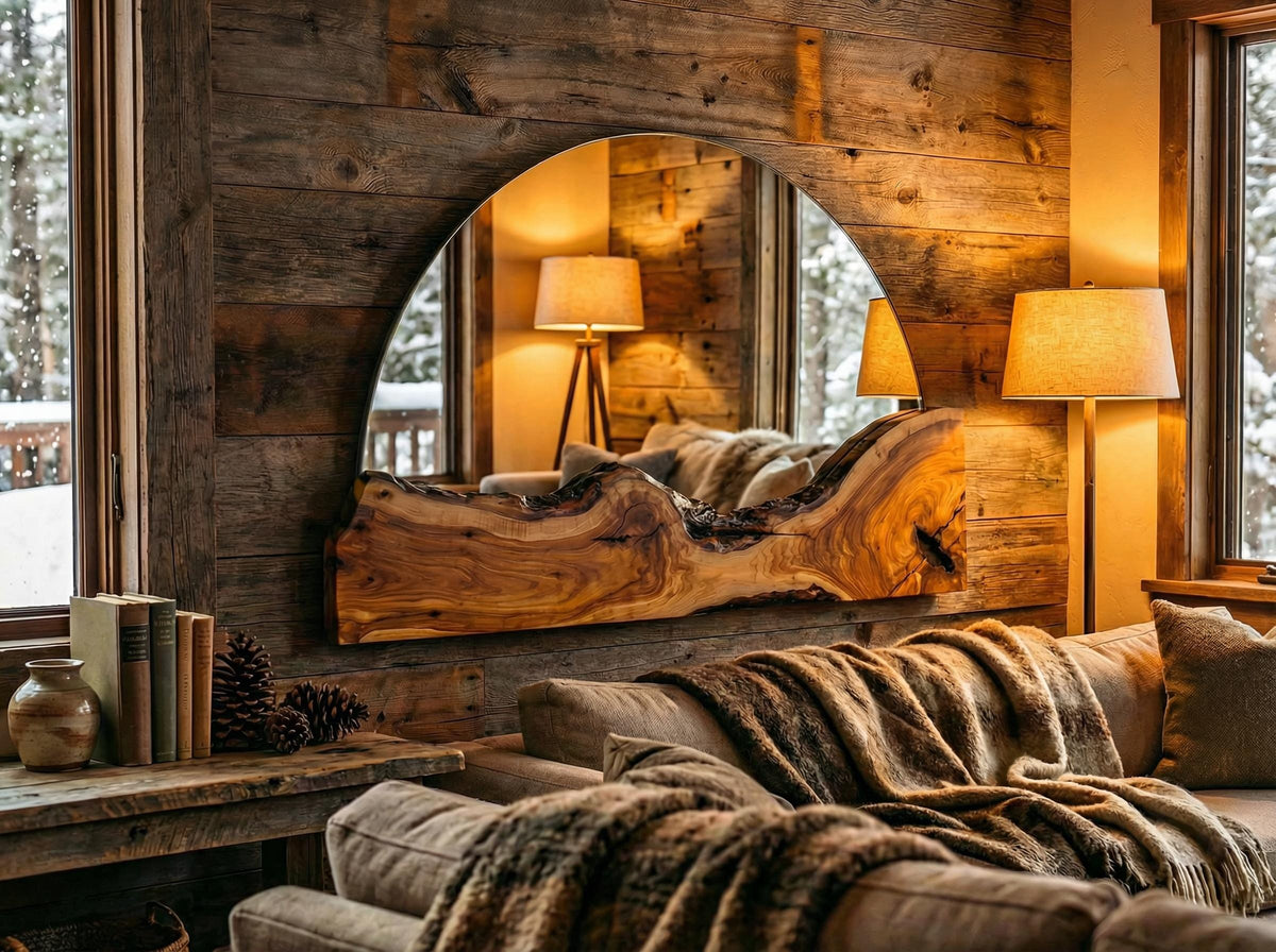 Live Edge Wall Half Round Fireplace Mirror, Olive Wood Rustic Handmade Frame, Natural Finish