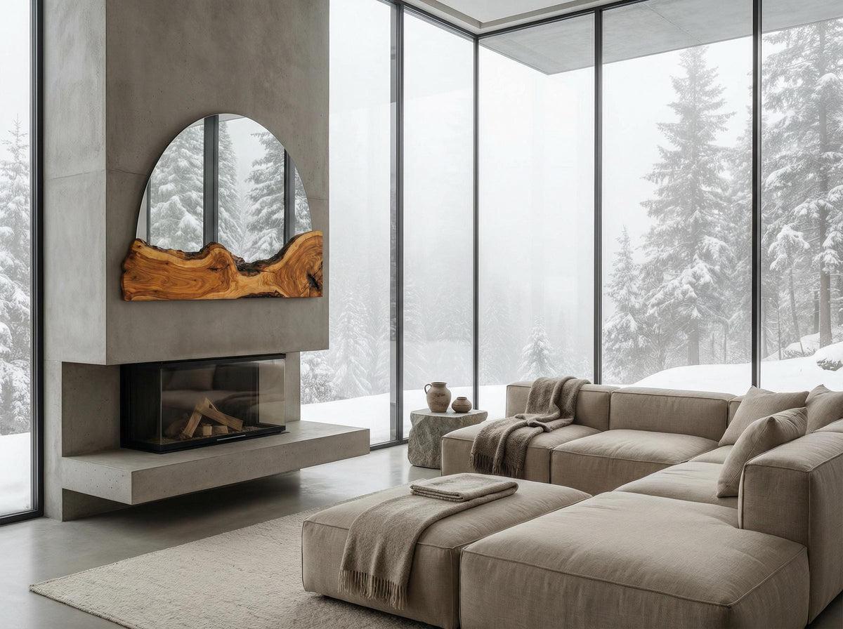 Live Edge Wall Half Round Fireplace Mirror, Olive Wood Rustic Handmade Frame, Natural Finish