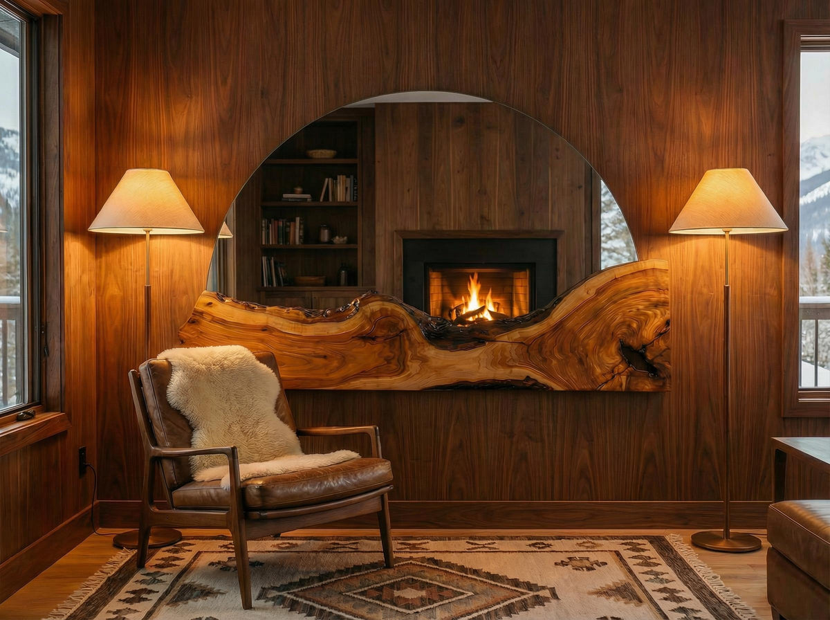 Live Edge Wall Half Round Fireplace Mirror, Olive Wood Rustic Handmade Frame, Natural Finish